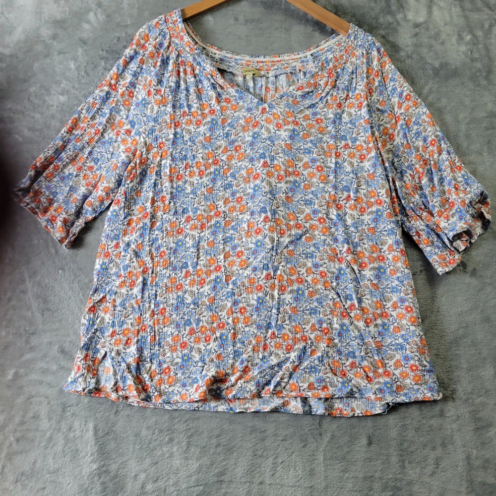 Democracy Womens L Floral V-Neck Blouse Orange Blue Boho Crinkle Top